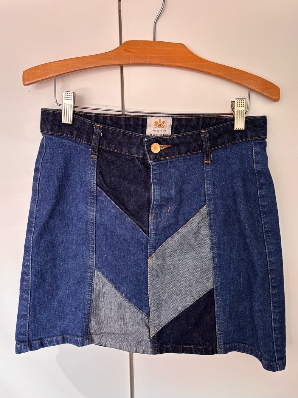 River Island Patchwork Denim Skirt in Dark Blue and Light Blue